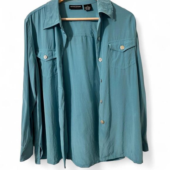 Vintage Teal Blue Sutton Studios 100% Silk Button Up Blouse - Picture 2 of 8